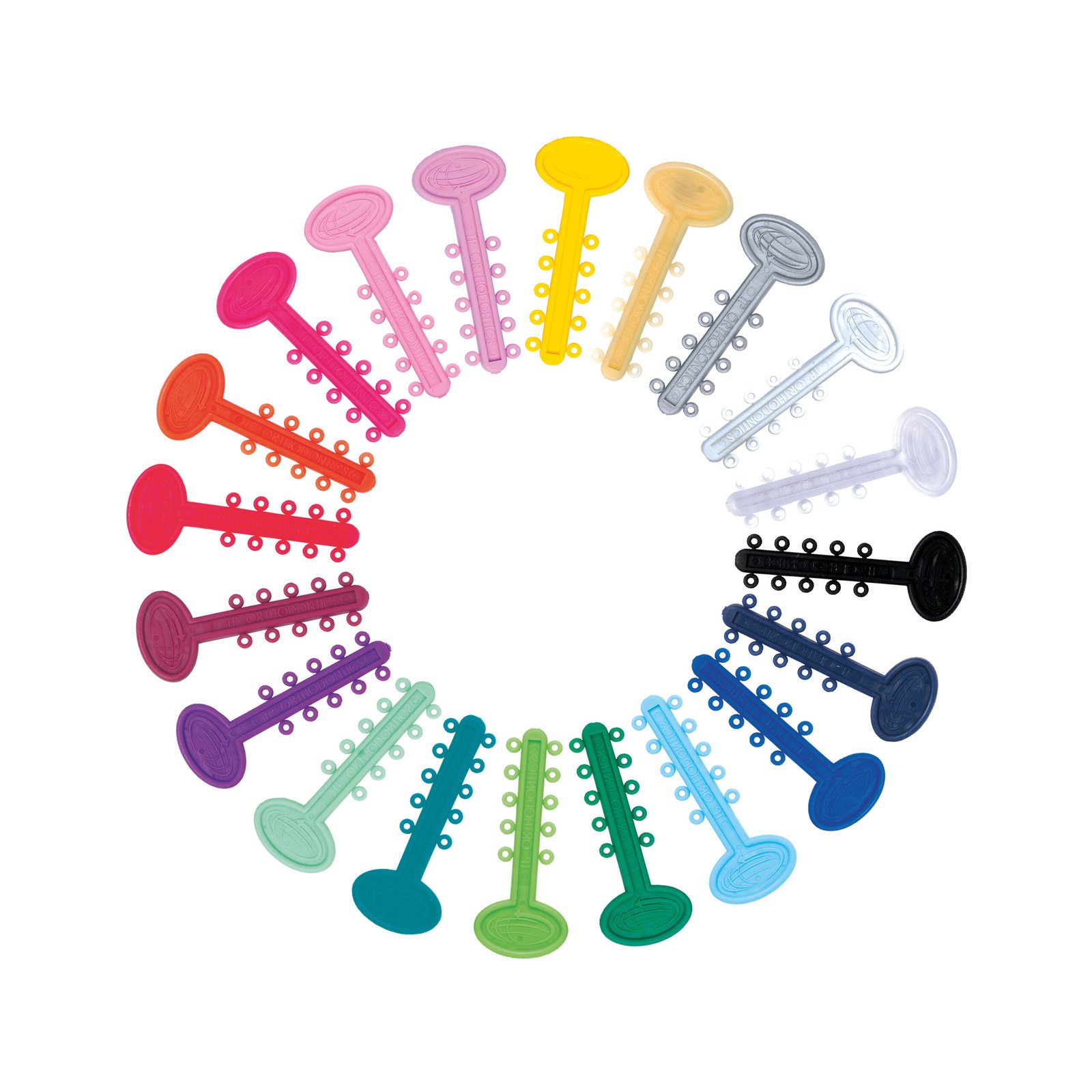 Ligaduras elastoméricas de distintos colores en composición circular.